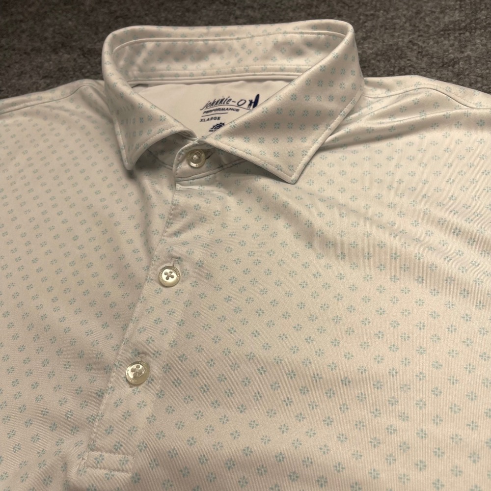 Johnnie-O Performance Mens XL Polo Shirt White Blue Chaparral Pines Golf UPF 50